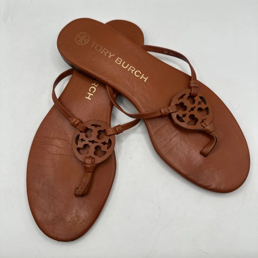Tory Burch Miller Knotted Bourbon Miele Flat‎ Thong Sandals Vacay Sz 9